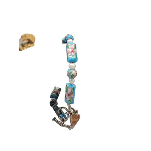 Blue Cloisonne & Faux Pearl Bead Bracelet Dangling Heart Charm 7.5 Toggle Close - Picture 9 of 14